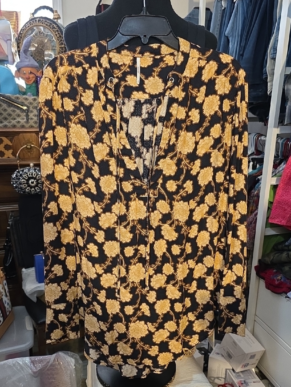 Free People Black and Gold Floral Blouse with Tie Detail